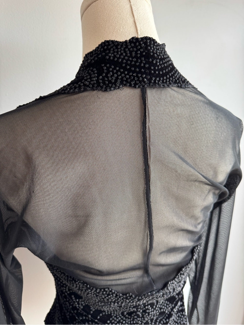 Vintage Y2K Glitter Party Top XS S Black Sheer Mesh Long Sleeve Gothic Glam Edgy - Picture 10 of 12
